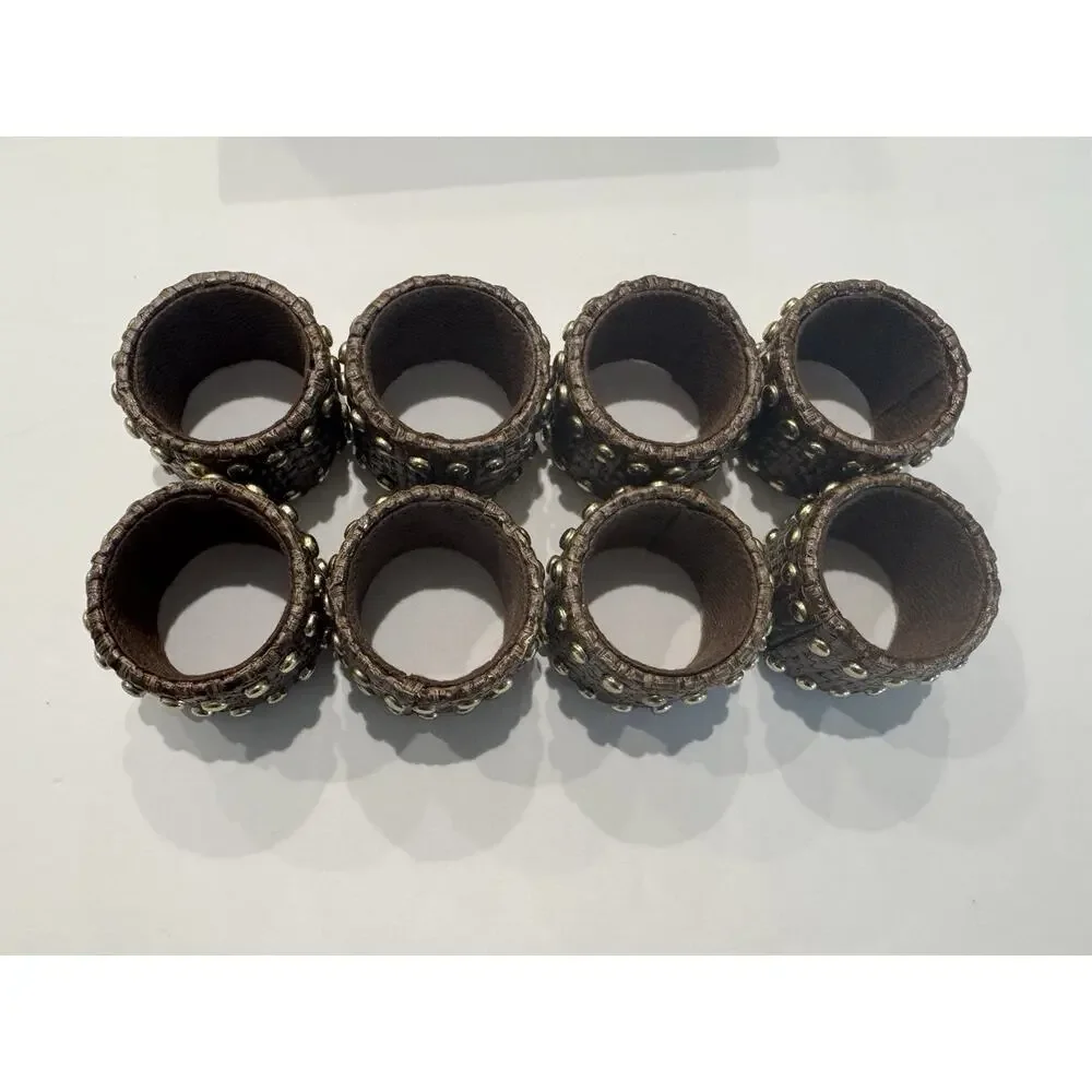 8 Happy Chic by Jonathan Adler Napkin Rings Brown Woven Gold Studs